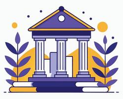 Stylized purple building with columns rises over stacked books, set against white background vector