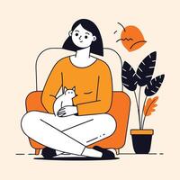 Smiling woman sits cross legged in a chair holding a white cat lovingly vector