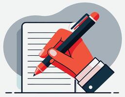 Stylized red hand elegantly holds pen, poised to write on lined sheet, creating graphic vector