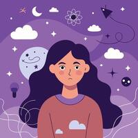 Brunette woman appears thoughtful amidst a whimsical purple space background with stars and clouds vector