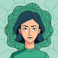 Asian woman with a sullen expression stands against an abstract green backdrop vector
