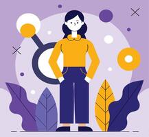 An illustration depicts a confident woman standing with hands in pockets against a violet background vector