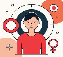 Smiling woman stands outlined by geometric shapes and signs on a white background vector