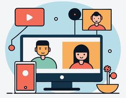 An illustration shows a conference call screen with three participants and simple, geometric forms vector