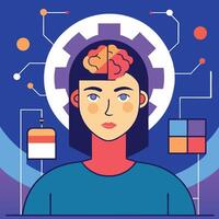 Flatstyle woman reveals her brain with a cogwheel and connecting technology on a colorful gradient vector