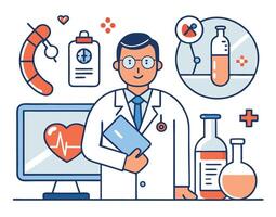 Smiling Asian doctor holds a patient file surrounded by medical tools in a flat design vector