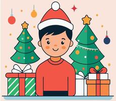 Smiling boy wearing red Christmas hat stands with decorated trees and holiday presents vector