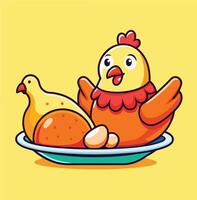 Cartoon chicken and cooked bird rest on a plate against a yellow backdrop vector