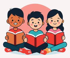 Three diverse children smile while holding open red books in a sitting position vector