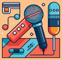 Isolated colorful microphone illustration features a retro recorder alongside musical notes in vintage style vector