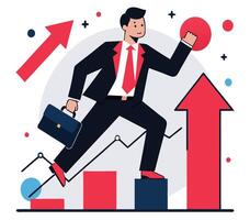 Determined man in suit climbs financial bar graph with briefcase in hand showing advancement vector
