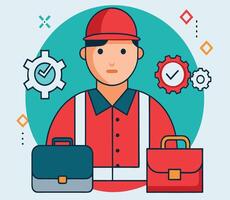 Cartoon engineer is standing holding briefcases with red hardhat and gear background vector