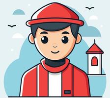 Smiling character in a red hat stands near a tower under a cloudy sky vector