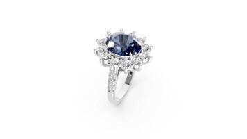 High-res turntable animation of a sapphire and diamond halo ring in classic royal style. video