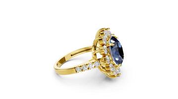 Sapphire and diamond ring rotates on turntable in 3D render. Inspired by Lady Diana's iconic design. video