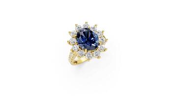 Elegant 3D animation of Lady Diana-style ring turning to highlight sapphire and surrounding diamonds. video