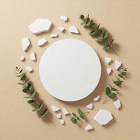 Minimalist Product Display with Eucalyptus and Stone Fragments. photo