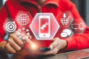 Visual representation of mobile advertising with digital marketing icons and smartphone interaction, highlighting modern marketing strategies. photo