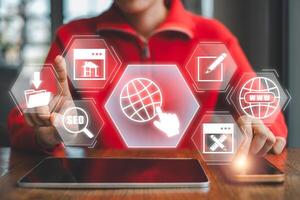 A digital interface showcasing website icons and technology elements, ideal for modern online business and communication themes. photo