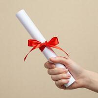 Graduation Scroll with Red Ribbon Held in Hand. photo