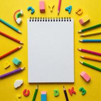 Colorful school supplies frame blank notebook on yellow background. photo