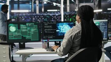 Server hub coworkers react to security breach after unauthorized access bypassing firewall compromising data. Employees initiate emergency response protocols after cybersecurity alert, camera B video