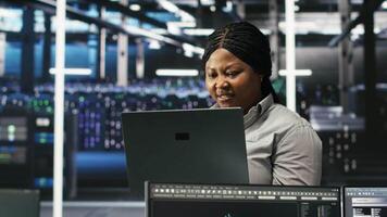 Annoyed data center IT expert having malfunctioning gear while using node tree tool. Frustrated server hub technician upset by errors while using AI visualization to optimize system health, camera B video