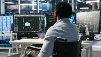 Overworked man in wheelchair upset by error warning popup while looking at server hub AI analytics metrics. Data center worker with disability irked by malfunction while using node tree tool, camera B video
