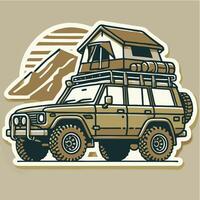 illustration of a jeep with a tent on top and mountains in the background vector