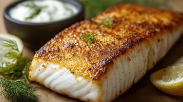 Crispy Fish Fillet Served with Homemade Tartar Sauce Perfect for Gourmet Meal Preparation and Culinary Photography photo