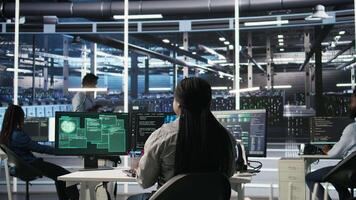 Server hub coworkers react to security breach after unauthorized access bypassing firewall compromising data. Employees initiate emergency response protocols after cybersecurity alert, camera A video