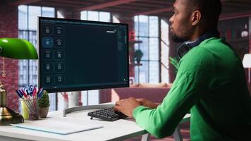 Digital editor uses AI powered text to generator to create content, listening to music on headset. Internet connectivity and artificial intelligence tools on high tech software. Camera B. video