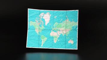 Folding world map animation. World map unfolding and folding back on a sleek minimalist black background. Loop. Realistic and modern style. Travel, geography, global exploration concept. video
