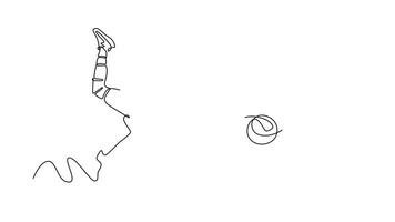 Animated self drawing of continuous line draw male volleyball player practicing and digging ball. He is training very hard with his team in national league competition. Full length one line animation video