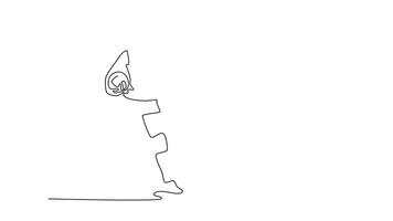 Self drawing animation single line draw female volleyball player standing and holding the ball while practicing at indoor court. Team sport member on game play. Continuous line. Full length animated video