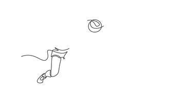 Self drawing animation of single line draw woman playing volleyball in sports hall and receiving a ball with bump pass. Player training with her team on training. Continuous line. Full length animated video