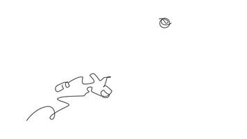 Self drawing animation single line draw male volleyball player in motion hitting ball with jump spike on court arena during game play. Healthy hobby or leisure. Continuous line. Full length animated video