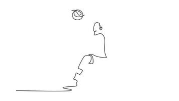 Animated self drawing of continuous line draw sportsman playing volleyball in sports hall and receiving ball with bump pass. Male player training hard with his team. Full length single line animation video