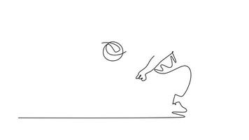 Animated self drawing continuous line draw strong male volleyball player libero bumping a ball and practicing at indoor court. Team sport member in action on game play. Full length one line animation video