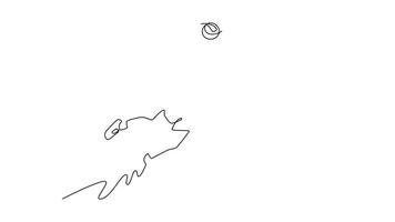 Animated self drawing of continuous line draw professional volleyball player hitting the ball with jump spike on court during game play. Healthy sportsman in action. Full length single line animation video