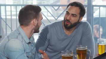 Handsome bearded man toasting with a beer glass, enjoying a lively moment video