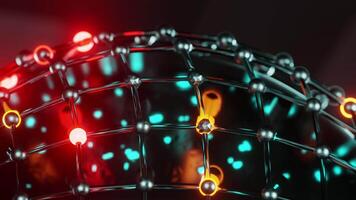 A close up of a molecular structure with glowing lights. Looped animation video