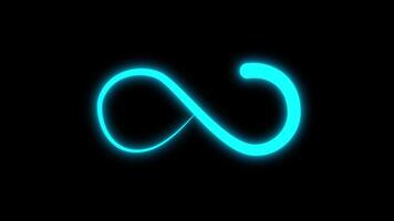 Neon style motion line cyan color icon infinite abstract neon glow color moving seamless art loop background glowing lines on dark background. Looping Animated infinity sign video