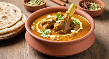 Rustic Mutton Korma Home Style Bowl with Spices and Naan Bread Context photo