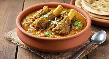 Rustic Lamb Nihari Home Style Bowl with Rustic Bread and Context photo