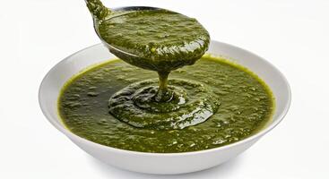 Mulukhiyah Showcasing Its Signature Viscous Thick Texture and Rich Dark Green Color Gently Ladled into a Bowl photo