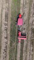 vertical imagens de vídeo, aéreo visualizar, vermelho trator trabalhando dentro uma campo, exibindo agrícola maquinaria e colheita padrões. video