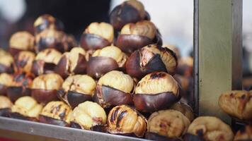 Enjoying roasted chestnuts at the winter market in the city center video