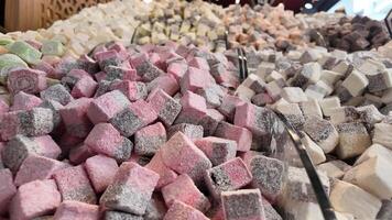 Colorful array of Turkish delight fills local sweet shop display video