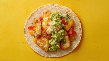 Delicious Crispy Fish Taco Delightfully Served with Fresh Guacamole on a Vibrant Plate for Culinary Photography and Food Blogs photo